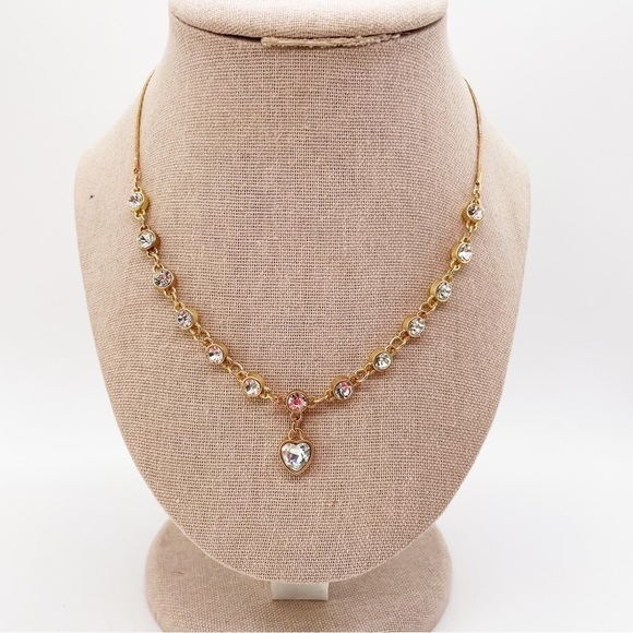 Gold Tone Clear Sparkling Rhinestone Jewel Heart Shaped Simple Pendant Necklace - Picture 2 of 7